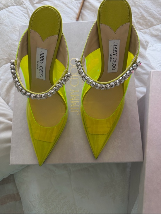 Jimmy Choo Shoes - Jimmy Choo Neon Yellow Crystal-Embellished Pointed Toe Mules
